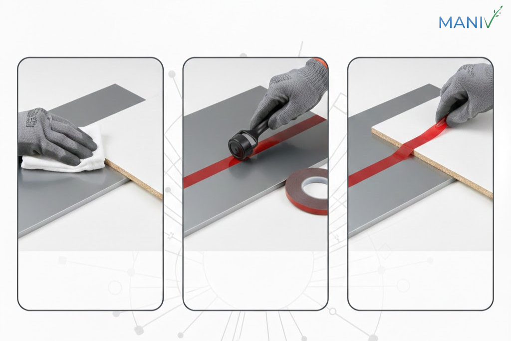 A hand in a grey industrial glove uses a white cloth to clean a smooth grey surface next to a wooden board, ensuring it is free of dust.